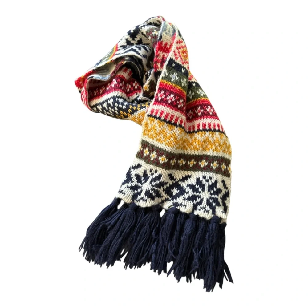 Old Navy Fair Isle Multicolor Knit Scarf 9”X 72” Navy Red Yellow Wool Nordic